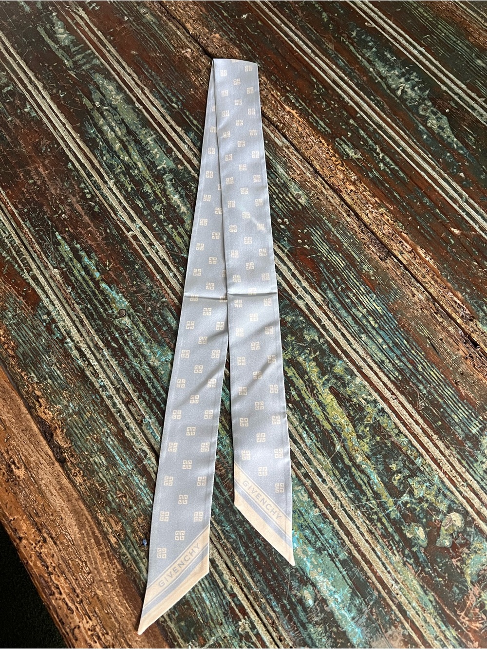 Givenchy Light Blue Silk Twilly with Cream Logo Stripe